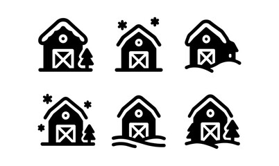 Fototapeta premium Black and white linear winter barn icons with snowy elements