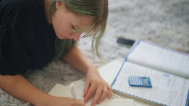 Teenage girl lying on cozy rug, focused on math homework with notebook, textbook and calculator nearby, writing notes while studying at home for exams, concentrating on school assignment
