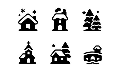 Fototapeta premium Winter icons: minimalist black silhouettes of houses and nature scenes