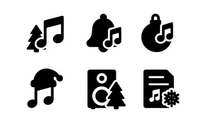 Christmas music icon set with holiday symbols in black silhouette style