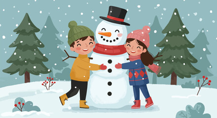 Joyful children embracing a snowman in a snowy winter forest scene.