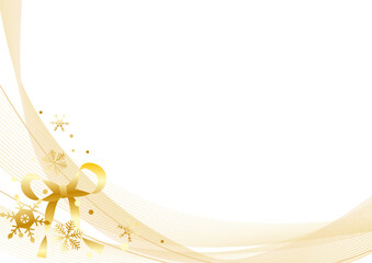 金色のウェーブとリボンと雪の結晶フレーム横