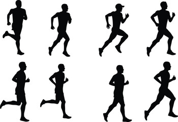 Running silhouettes, athletic motion, jogging posture, black vector runners, fitness icons, sports activity, dynamic stride, marathon pace, sprinting figures, exercise clipart