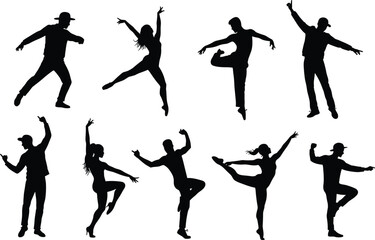 Silhouette dancers performing, ballet pose, contemporary dance, street style, artistic movement, choreography expression, graceful balance, dynamic posture, performance art, body language