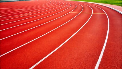 A vibrant red running track with white lane markings curves gently forward