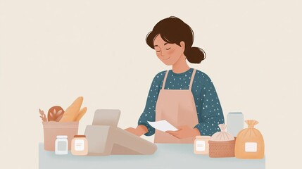 Young woman wearing a pink apron and a blue blouse with white polka dots. she is standing behind a countertop with various kitchen items on it.