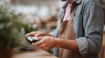 Close-up of a person's hands holding a smartphone. the person is wearing a light blue shirt and a brown apron.