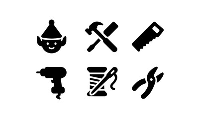 Crafting tools and elf icon set in minimalist silhouette design