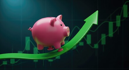Growing investment concept with piggy bank ascending a green arrow representing the rise of financial markets 110char
