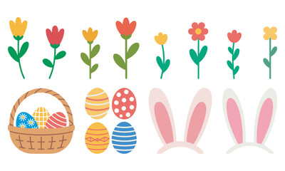 Cute Easter Icons Set, Basket, Decorated Eggs, Bunny Ears, and Spring Flowers, vector illustration
