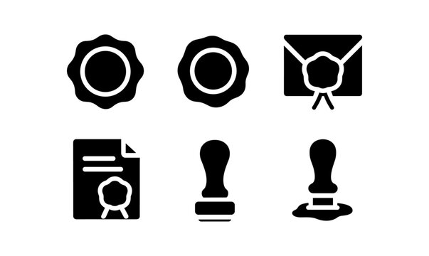 Seal and stamp icons set: certificates, envelopes, wax seals in silhouette style