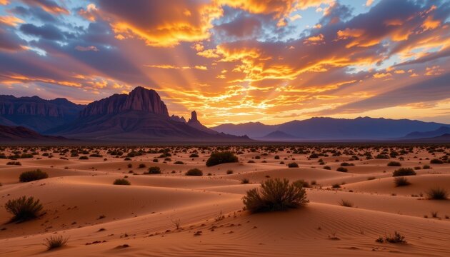 Vast desert landscape with rolling sand dunes and distant mountains under a dramatic sunset sky
