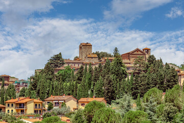 The picturesque town of Montecatini Terme with its hillside houses and ancient castle. Montecatini Terme is a spa resort in the province of Pistoia in the Italian region of Tuscany.