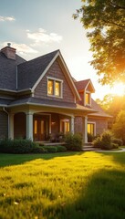 Suburban house exterior with green lawn and trees bathed in golden sunset light. Warm windows reflect evening sunbeams. Peaceful home architecture in a calm neighborhood setting.