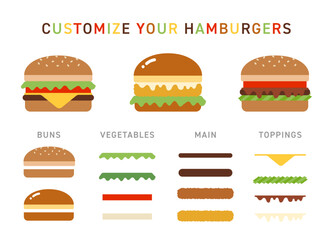 自分で具材を重ねてカスタマイズできるハンバーガーのフラットイラストセット｜バンズ・野菜・パティ・トッピングを自由に組み合わせ可能なベクター素材