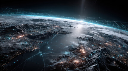 Blockchain technology futuristic hud background with world globe and blockchain polygon peer to peer network.