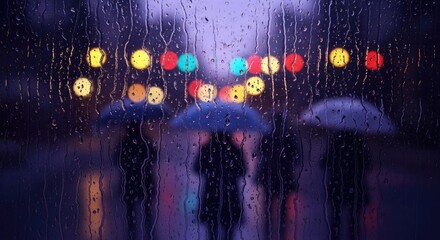 Rainy city night scene through the glass for backgrounds and moody visuals during the autumn and winter season