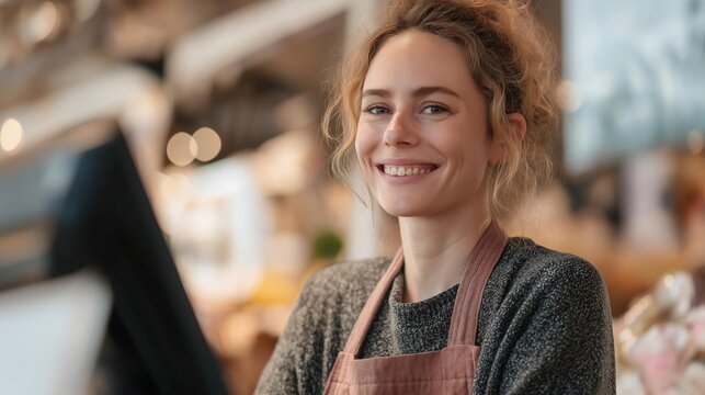 Portrait of a young woman with curly blonde hair, wearing a pink apron. she is standing in a store, smiling at the camera with a slight smile on her face.