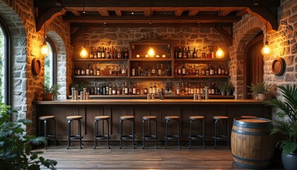 Rustic bar interior with stone walls wooden counter, shelves stocked with liquor bottles. Cozy seating area with bar stools, ambient lighting creates warm inviting atmosphere perfect for relaxation,