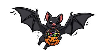 Cute Halloween Bat Cartoon Illustration Flying with a Pumpkin Basket Full of Candies