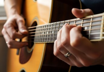 Obraz premium Close-up of hands playing acoustic guitar showcasing the musician's artistry and passion with focused precision