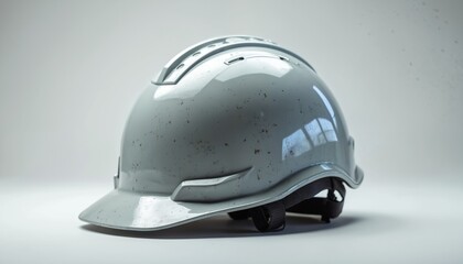 Fototapeta premium Grey hardhat lies on surface. Personal protective equipment intended to protect head. Helmet protects against impact damage. Safety headwear for construction site workers industrial enterprise