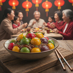 Family Reunion Lunar New Year Celebration with Colorful Dumplings