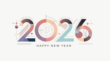 Unique Happy New Year 2026 design with abstract geometric typography. Clean modern vector layout, minimalist festive illustration.