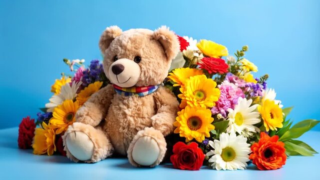 Teddy bear and colorful flowers on a blue background