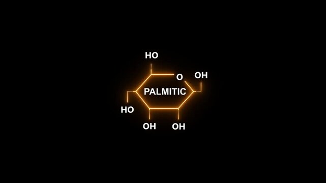 Neon orange palmitic molecule chemical structure on black background chemistry science