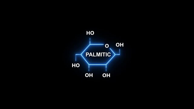 Neon blue palmitic molecule chemical structure on black background chemistry science