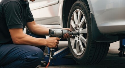 Automotive Technician Tightening a Car Wheel with Impact Wrench Power Tool for Vehicle Maintenance 110 character