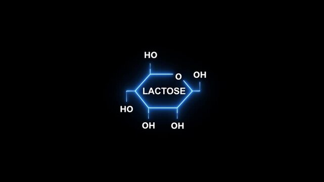 Neon blue glowing chemical structure of lactose molecule on a dark background chemistry science