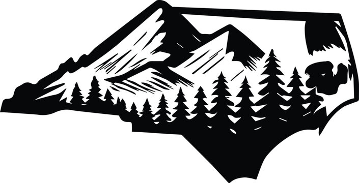 North Carolina Map | Mountain Landscape Scene Inside State Map | NC Camping Cut File