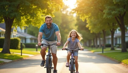 Obraz premium Father, young daughter ride bicycles on sunny suburban street. Happy, smiling, enjoying outdoor activity together. Family moment shows bonding, healthy lifestyle, childhood joy in green neighborhood