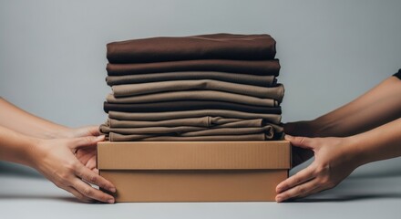 Sustainable Fashion ECommerce Hand Delivering Stacked Neutral Clothing Ready to Wear Fashionable Apparel On a Cardboard Box