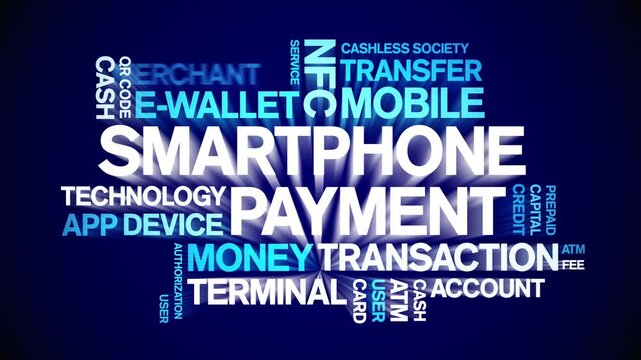 Smartphone Payment animated word cloud-text design animation tag kinetic typography seamless loop.