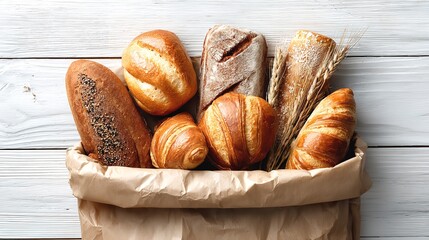 A delightful assortment of freshly baked bread and croissants spilling from a paper bag on a rustic white wooden table