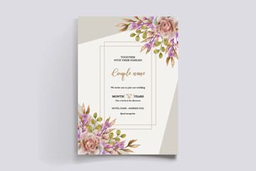 WEDDING INVITATION FRAME WITH FLOWER DECORATIONS AND FRESH LEAVES
