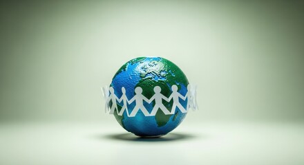 Connected World:  Paper People Chain Around Globe,  Sustainability, Collaboration and  Global Community Concept Visual