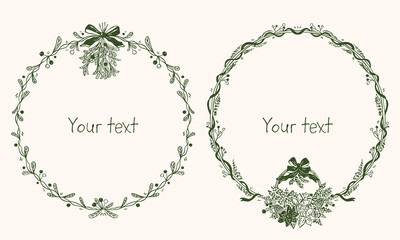 Hand-drawn Christmas doodle set with festive wreaths decorated with mistletoe and poinsettia, featuring space for your text. Perfect for holiday cards, posters, and seasonal designs