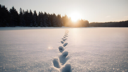 Footprints in Fresh Snow Leading Towards a New Year's Sunrise