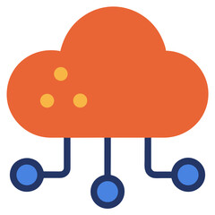 An orange cloud icon with connected circles representing data flow