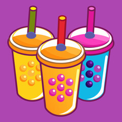Three Boba Tea Cups With Colorful Pearls on Purple