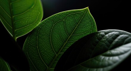 Dramatic leaves closeup against black: Symbolizing growth, resilience, and the beauty found in natural textures detail