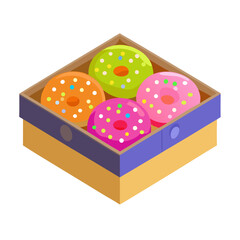 Box of colorful glazed donuts arranged in isometric style