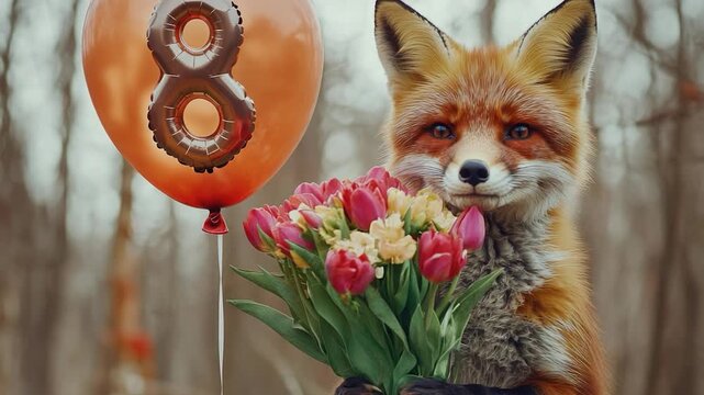 A curious fox holding a bouquet of tulips and a balloon, perfect for spring or Easter-themed designs