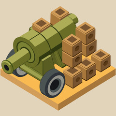 Isometric illustration of artillery cannon with shell crates