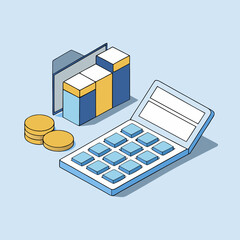 Isometric Illustration of Calculator with Financial Charts and Coins