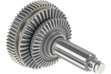 Cogwheel mechanism. External bevel conical gear model, transparent background